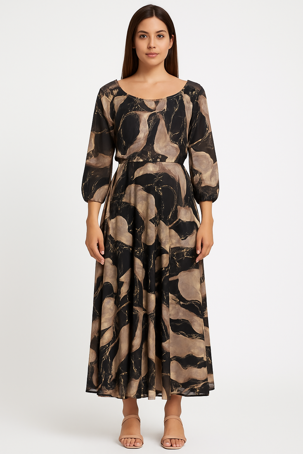 ZADIYA™ | PRINTED THREE-QUARTER SLEEVE DRESS