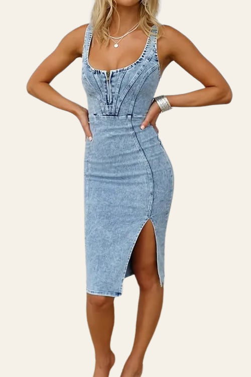 ZADIYA™ | DENIM CAMI DRESS WITH SLIT