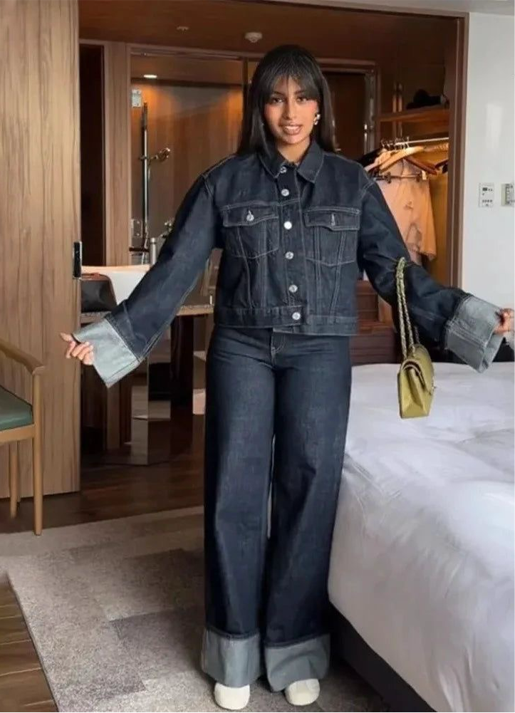 ZADIYA™ | COLLARED LONG SLEEVES DENIM TWO-PIECE SET