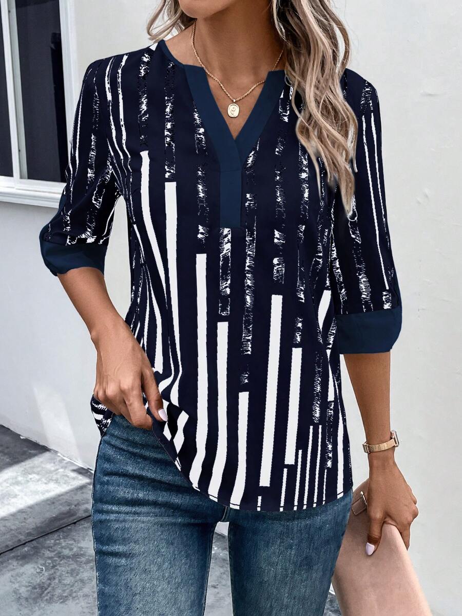 ZADIYA™ | STRIPED BLOUSE WITH NOTCHED NECKLINE