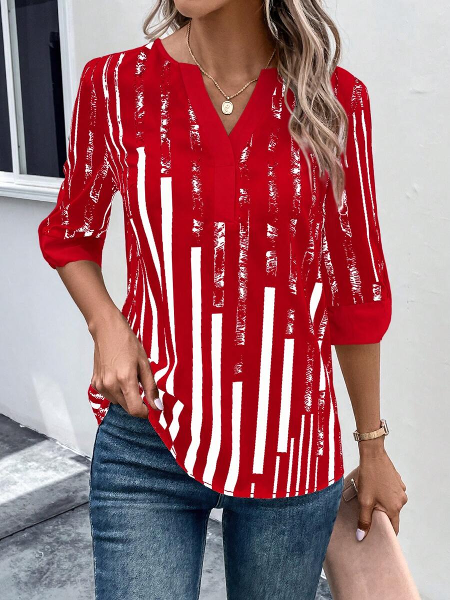 ZADIYA™ | STRIPED BLOUSE WITH NOTCHED NECKLINE