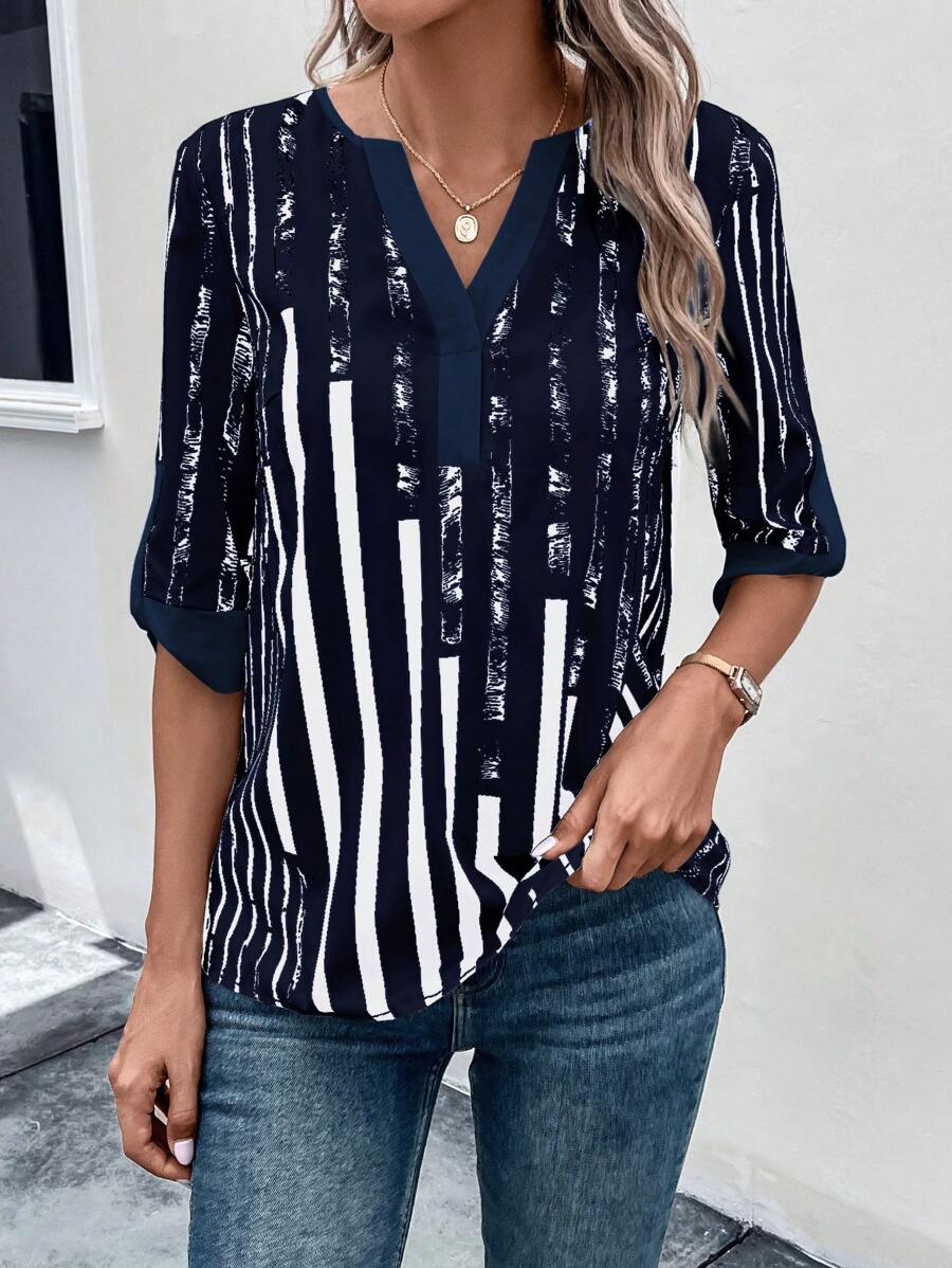 ZADIYA™ | STRIPED BLOUSE WITH NOTCHED NECKLINE