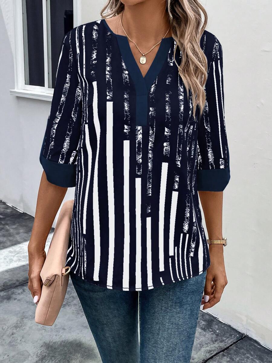 ZADIYA™ | STRIPED BLOUSE WITH NOTCHED NECKLINE