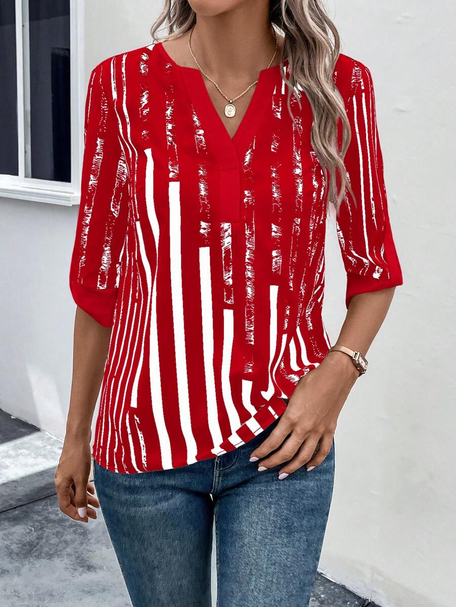 ZADIYA™ | STRIPED BLOUSE WITH NOTCHED NECKLINE