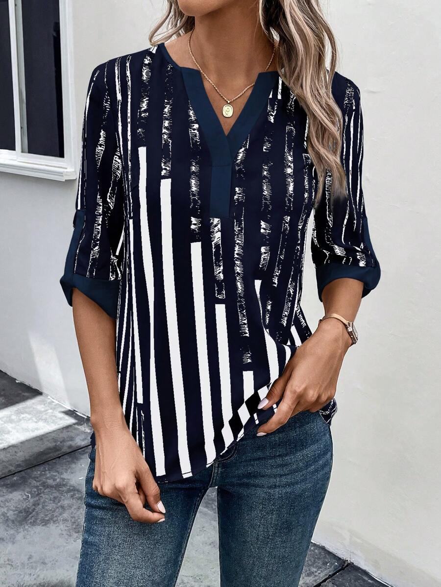 ZADIYA™ | STRIPED BLOUSE WITH NOTCHED NECKLINE