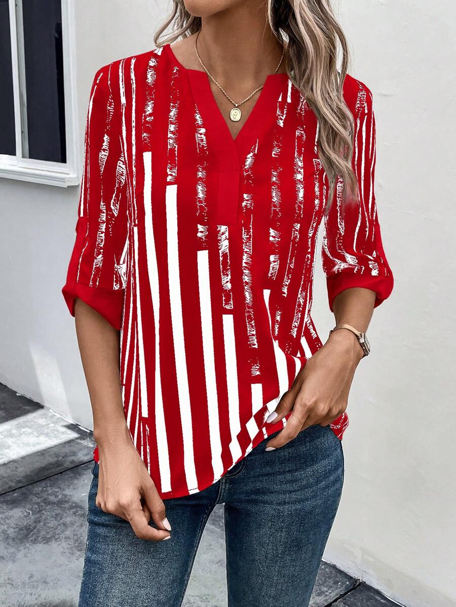 ZADIYA™ | STRIPED BLOUSE WITH NOTCHED NECKLINE