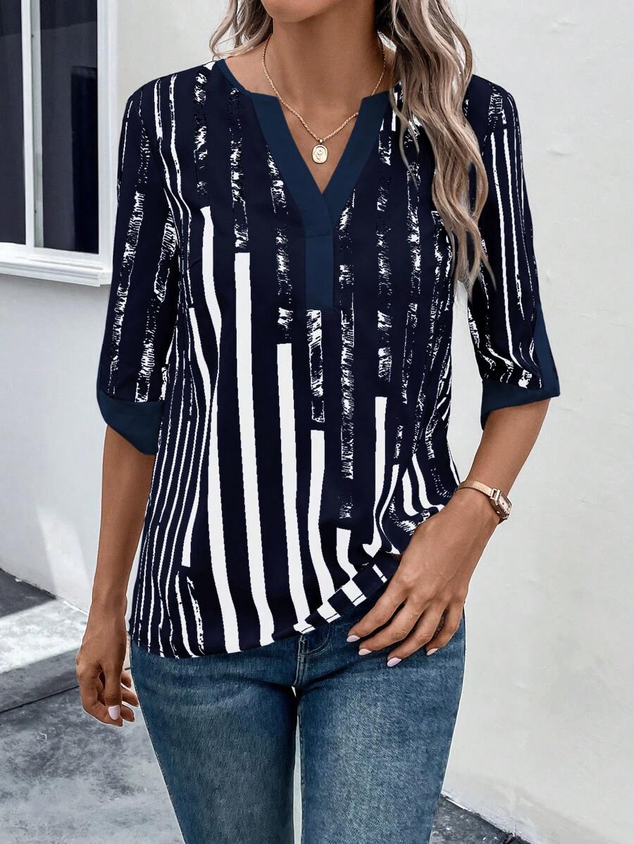 ZADIYA™ | STRIPED BLOUSE WITH NOTCHED NECKLINE