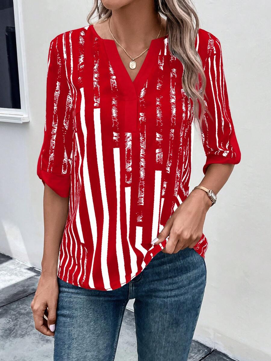 ZADIYA™ | STRIPED BLOUSE WITH NOTCHED NECKLINE