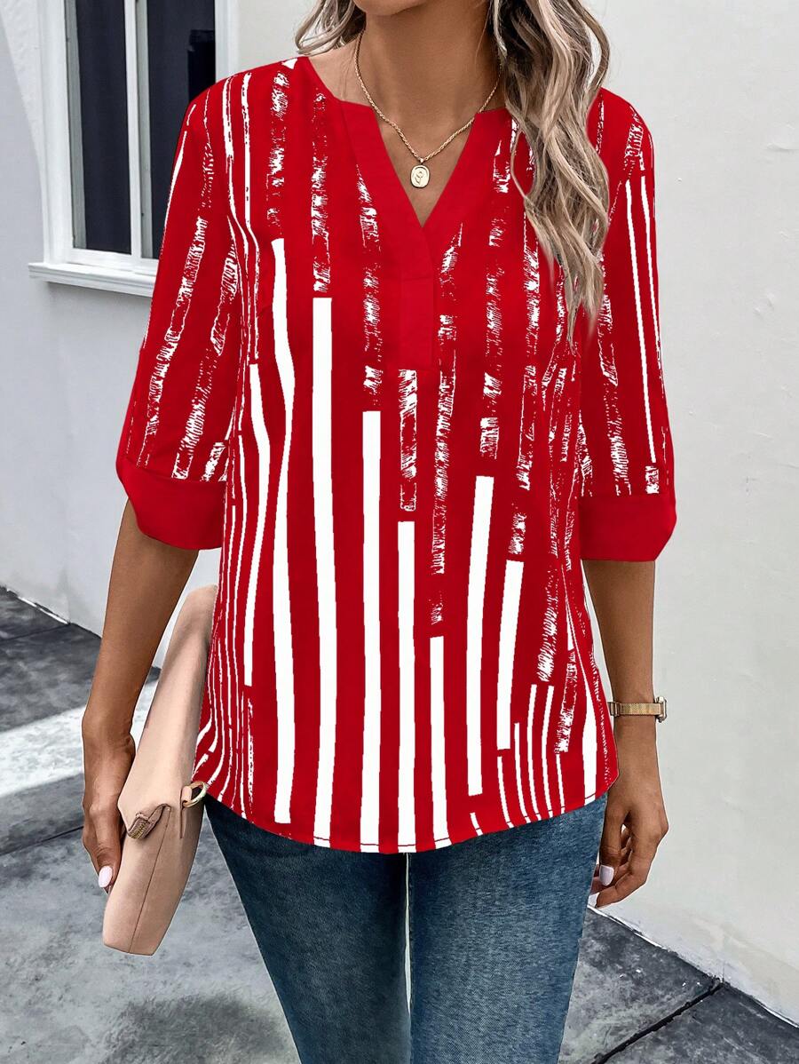 ZADIYA™ | STRIPED BLOUSE WITH NOTCHED NECKLINE