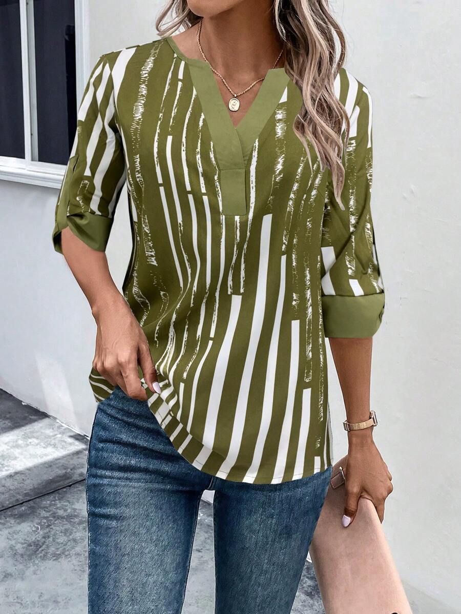 ZADIYA™ | STRIPED BLOUSE WITH NOTCHED NECKLINE