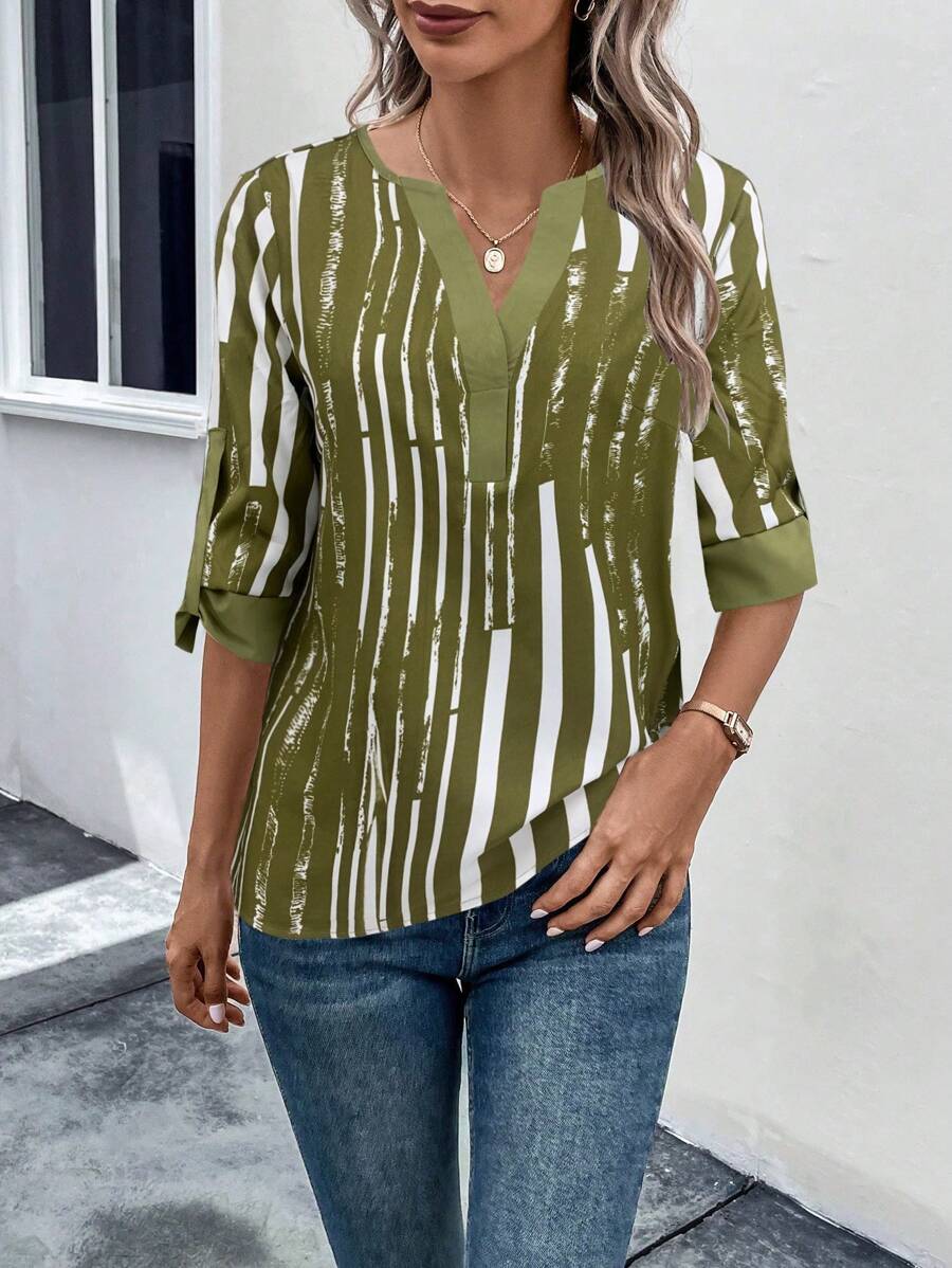 ZADIYA™ | STRIPED BLOUSE WITH NOTCHED NECKLINE