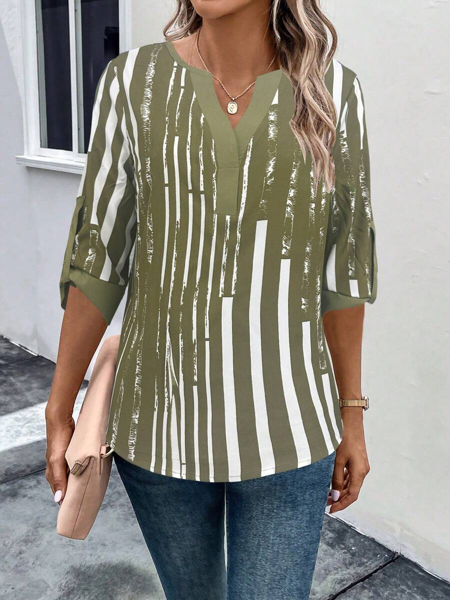 ZADIYA™ | STRIPED BLOUSE WITH NOTCHED NECKLINE