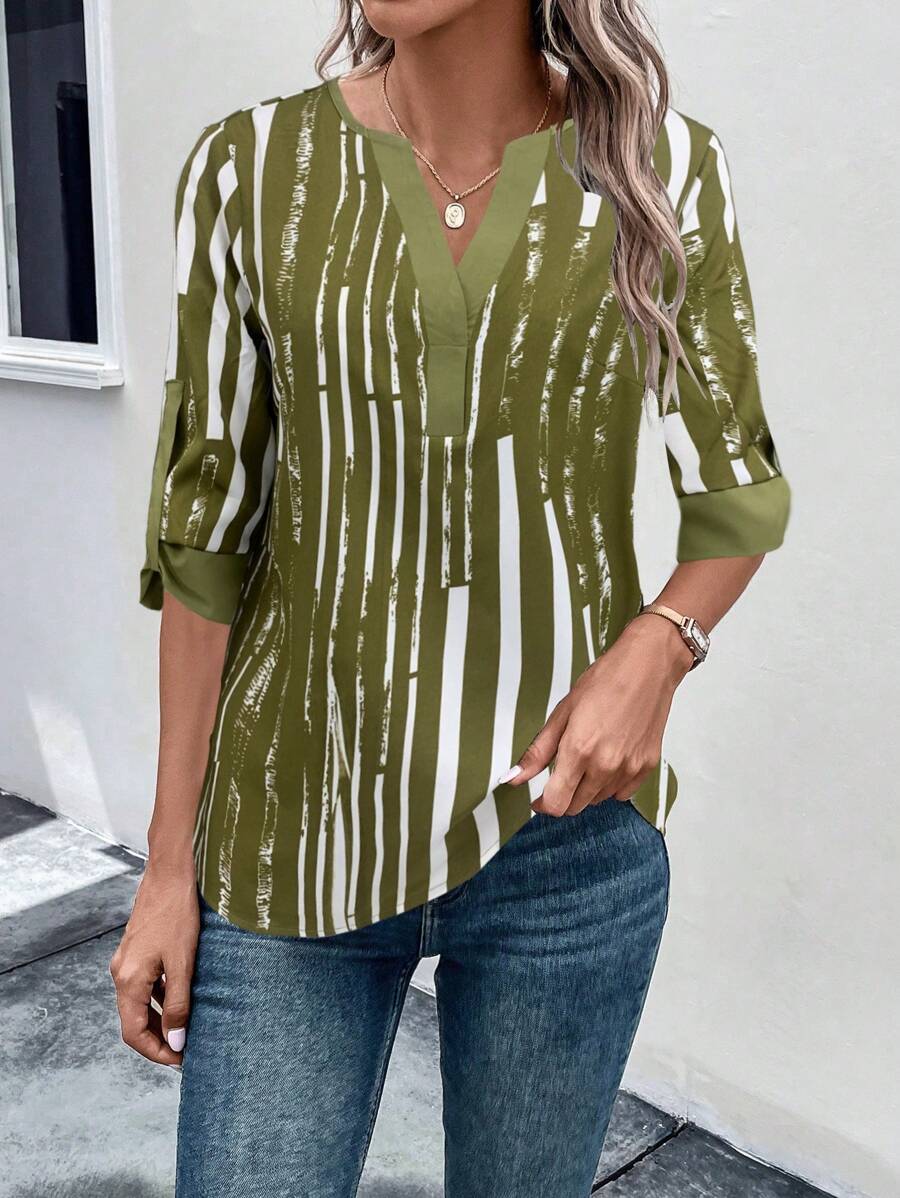 ZADIYA™ | STRIPED BLOUSE WITH NOTCHED NECKLINE