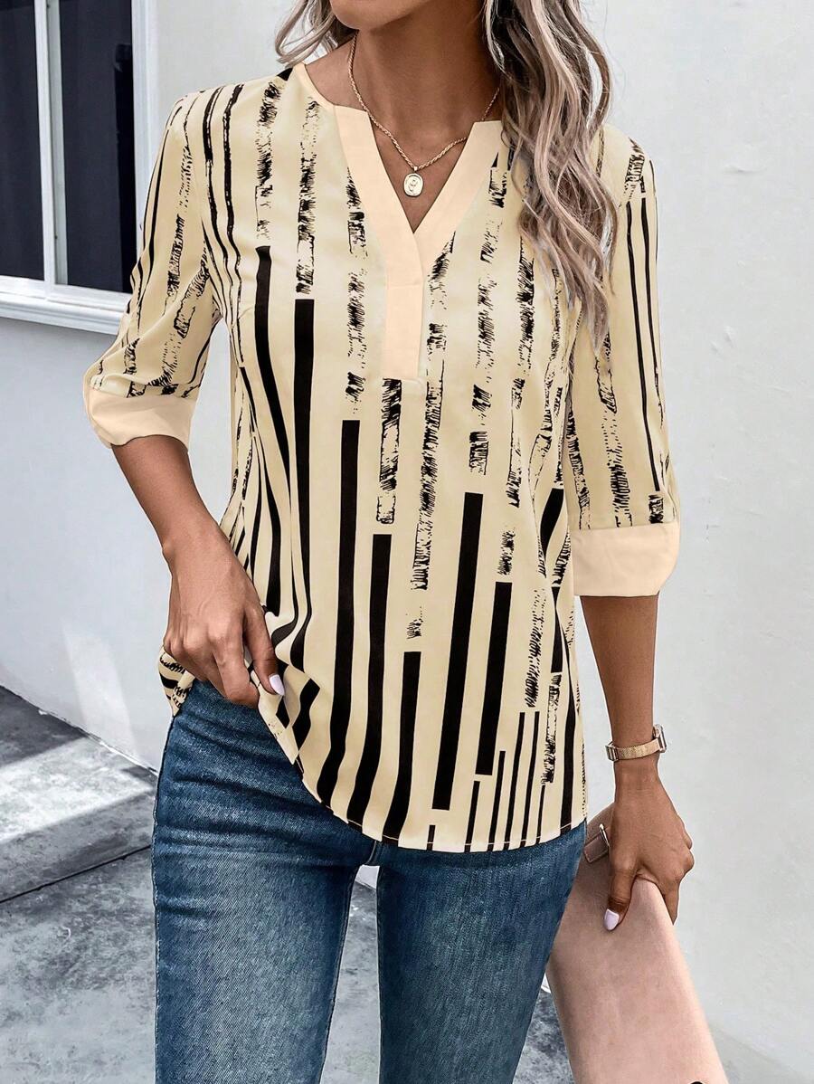 ZADIYA™ | STRIPED BLOUSE WITH NOTCHED NECKLINE