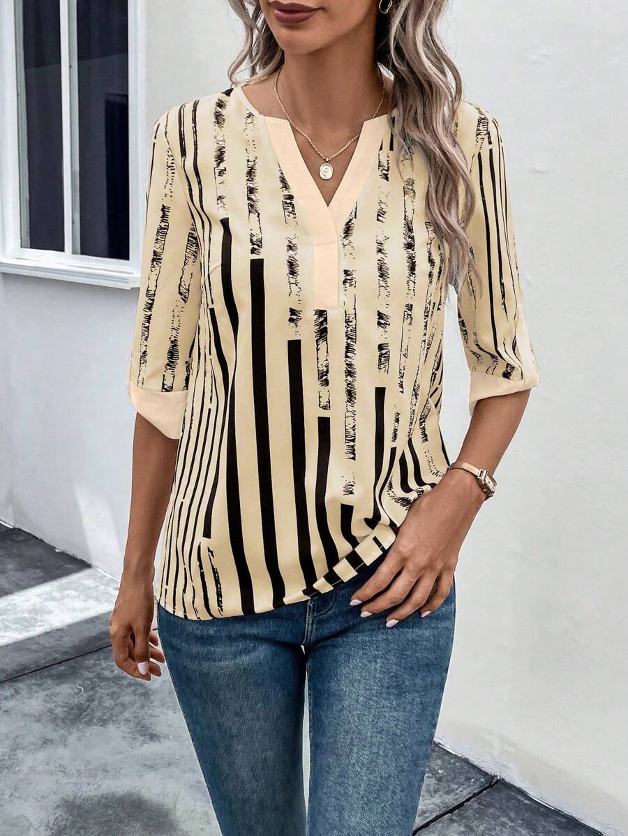 ZADIYA™ | STRIPED BLOUSE WITH NOTCHED NECKLINE