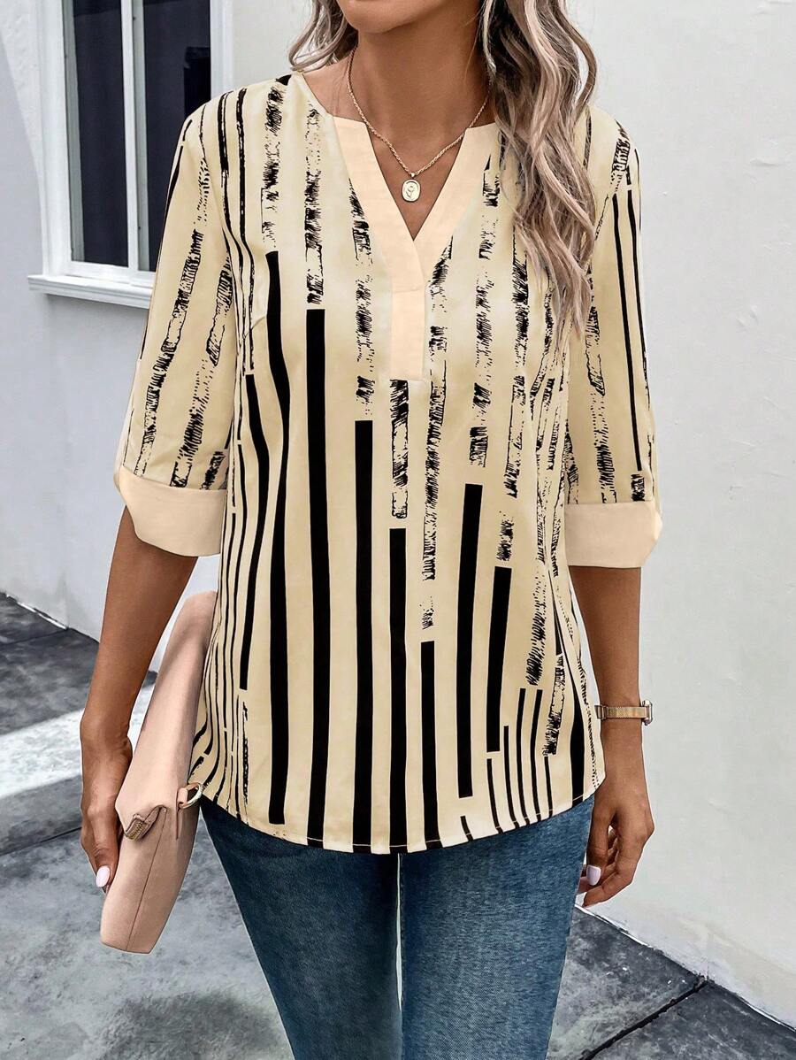 ZADIYA™ | STRIPED BLOUSE WITH NOTCHED NECKLINE