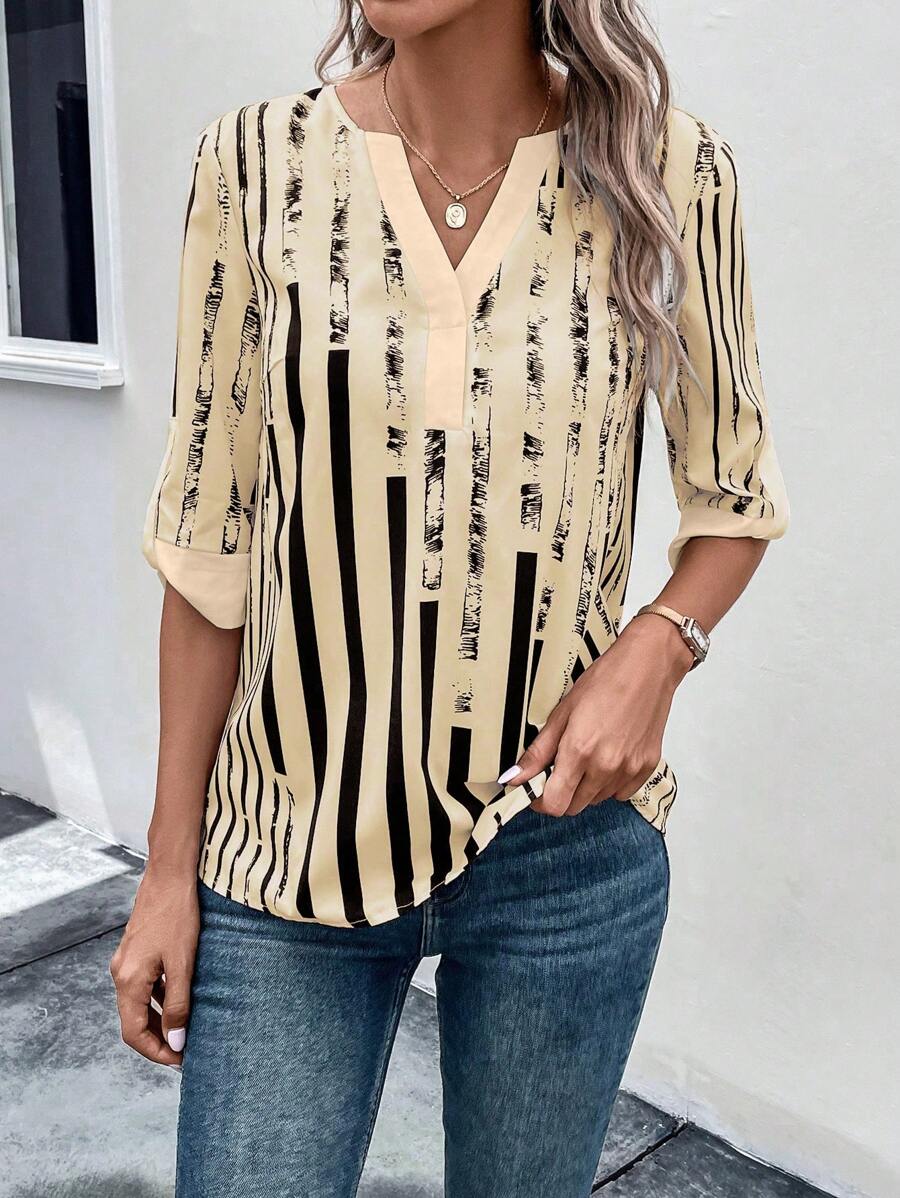 ZADIYA™ | STRIPED BLOUSE WITH NOTCHED NECKLINE