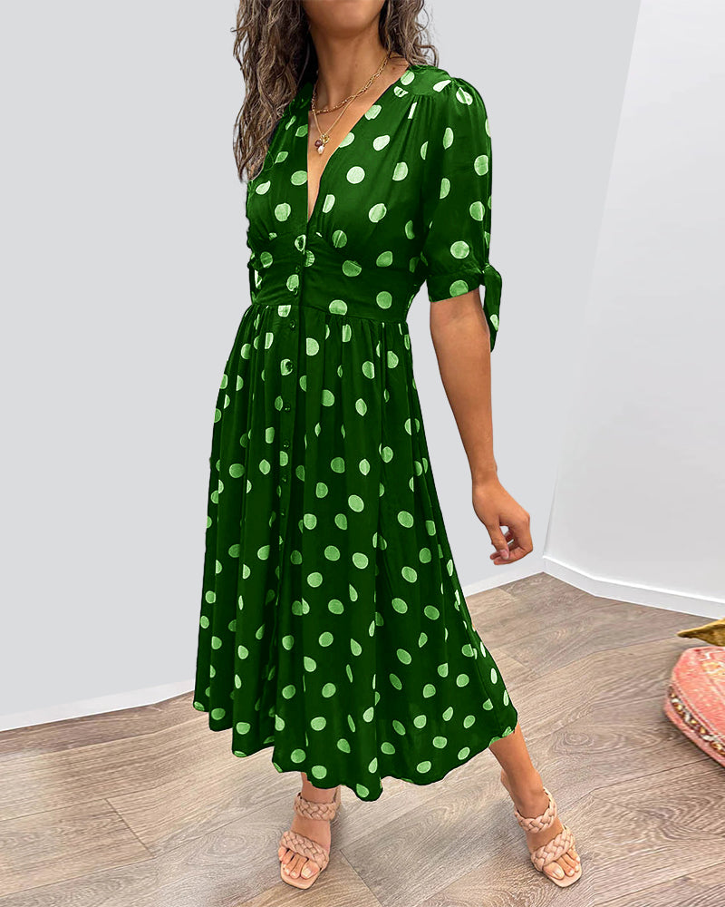 ZADIYA™ | V-NECK POLKA DOT MIDI DRESS