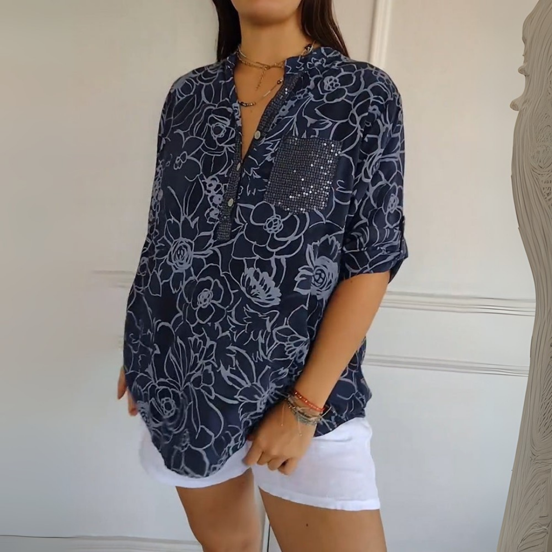 ZADIYA™ | PRINTED BLOUSE WITH V-NECK & BUTTON FRONT