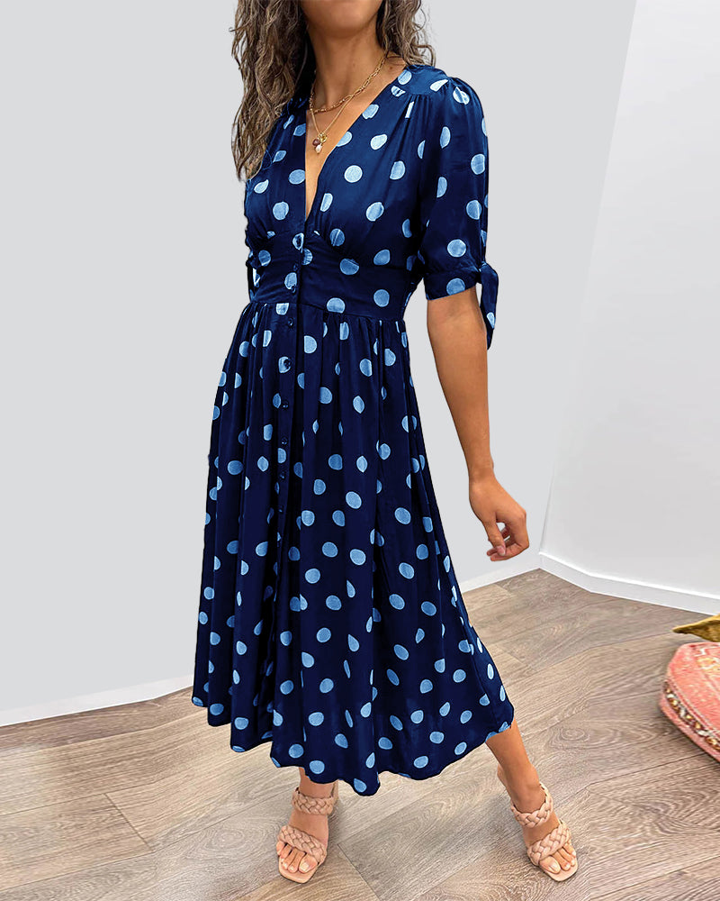 ZADIYA™ | V-NECK POLKA DOT MIDI DRESS