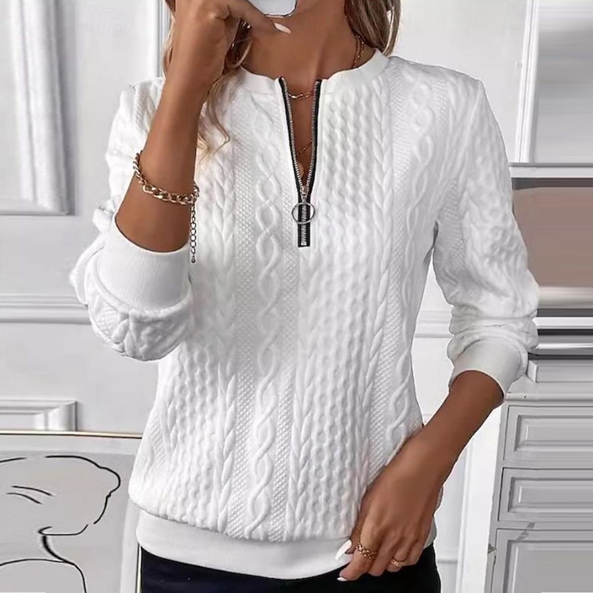 ZADIYA™ | White Zip-Up Sweater