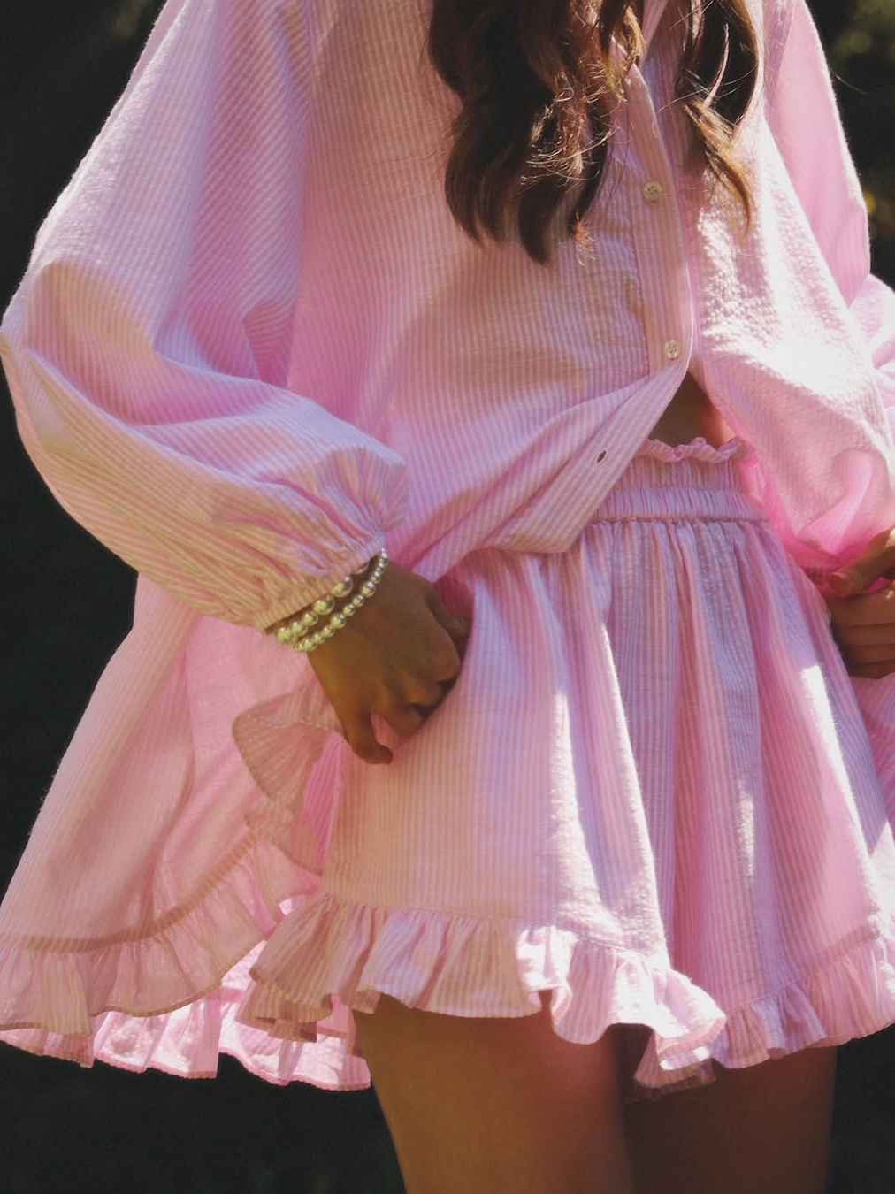 ZADIYA™ | STRIPED BUBBLE SLEEVE & RUFFLE SHORTS SET