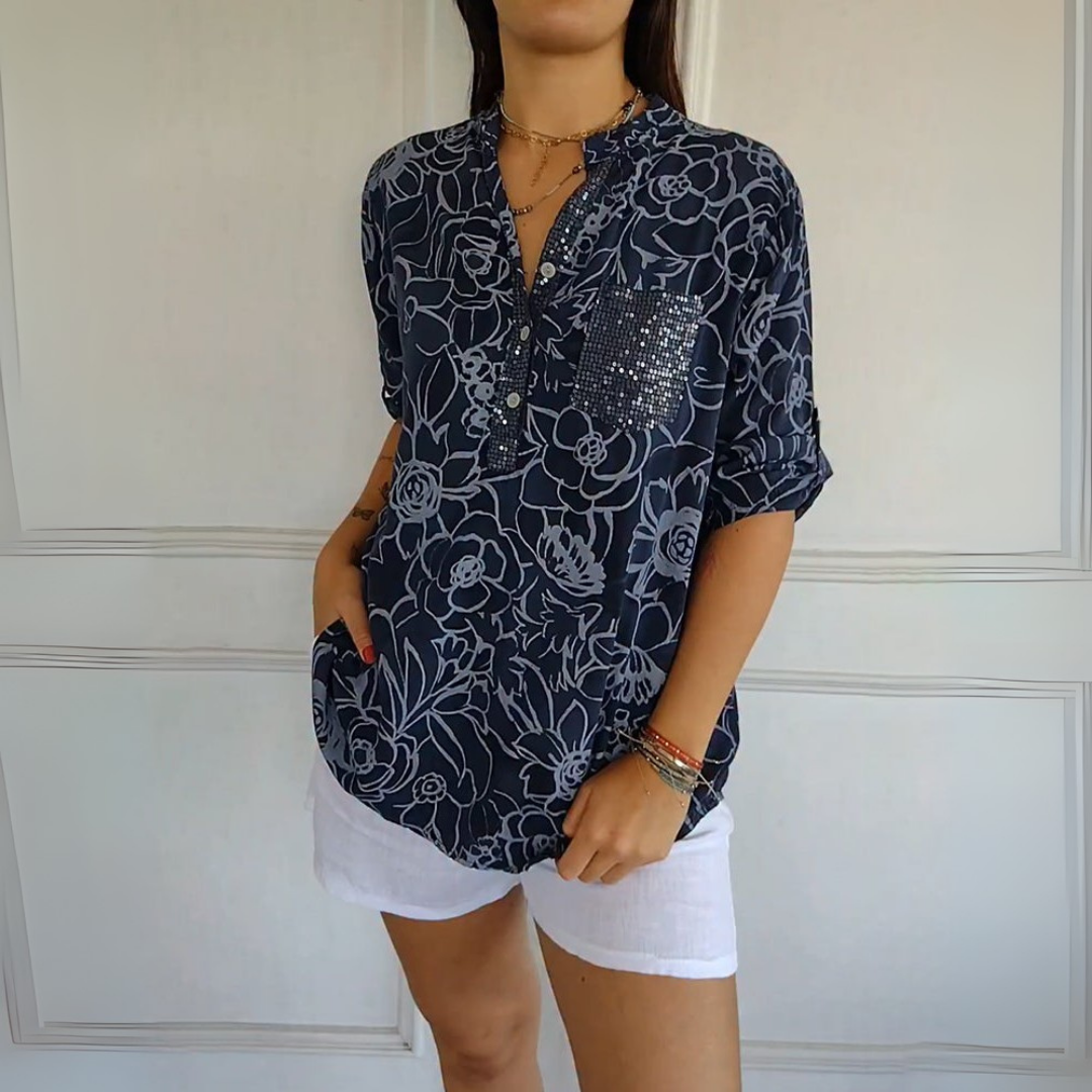 ZADIYA™ | PRINTED BLOUSE WITH V-NECK & BUTTON FRONT