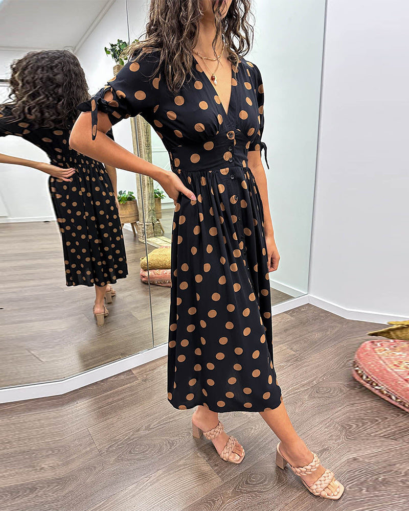 ZADIYA™ | V-NECK POLKA DOT MIDI DRESS