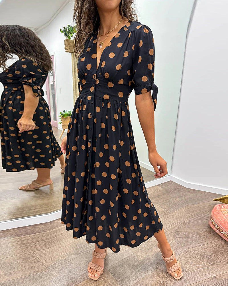 ZADIYA™ | V-NECK POLKA DOT MIDI DRESS