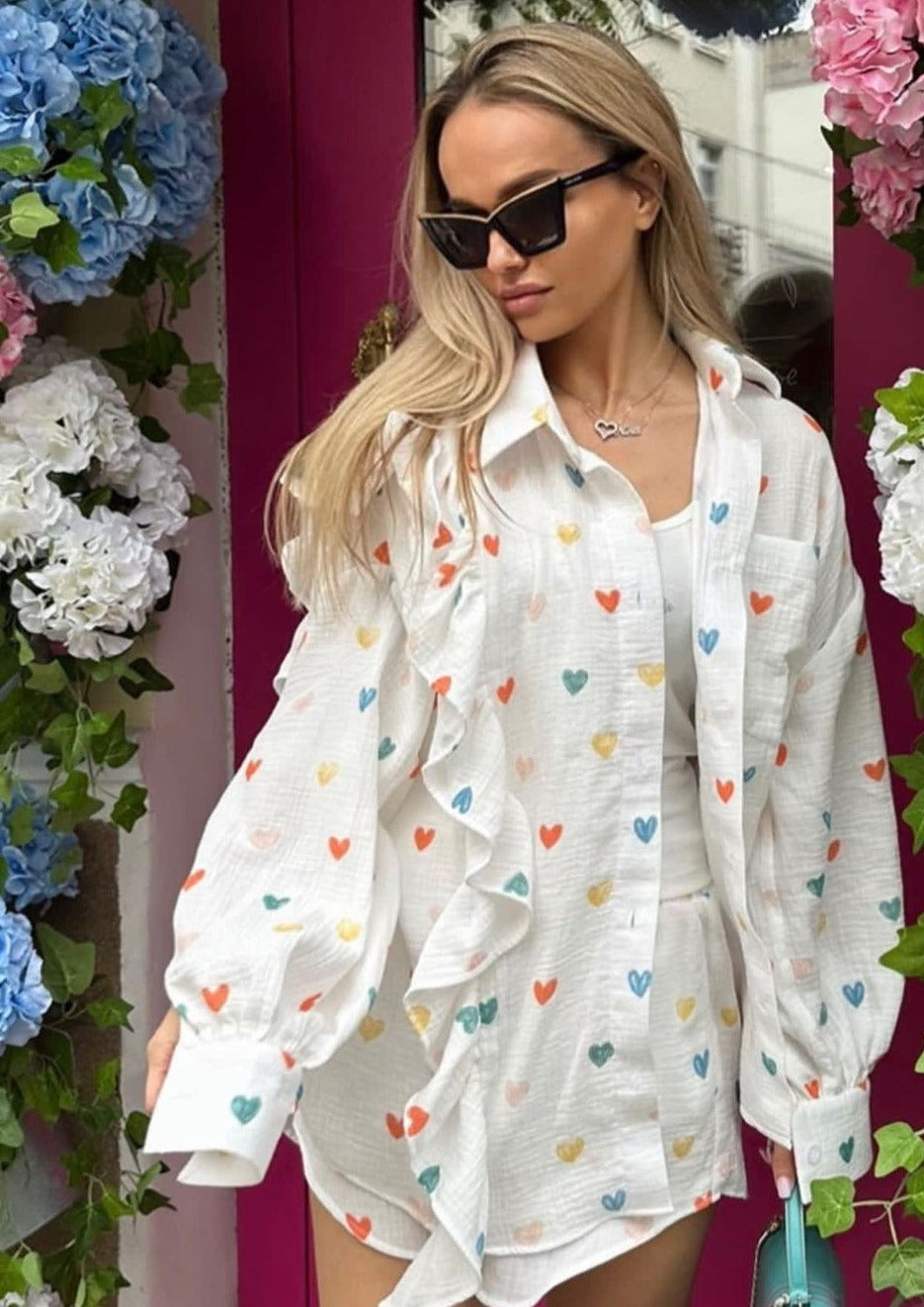 ZADIYA™ | HEART PRINT SHIRT & SHORTS TWO-PIECE SET