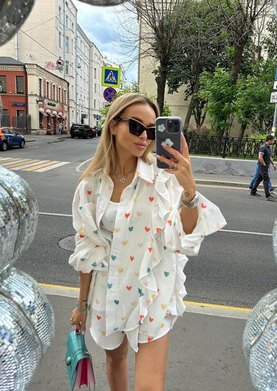 ZADIYA™ | HEART PRINT SHIRT & SHORTS TWO-PIECE SET