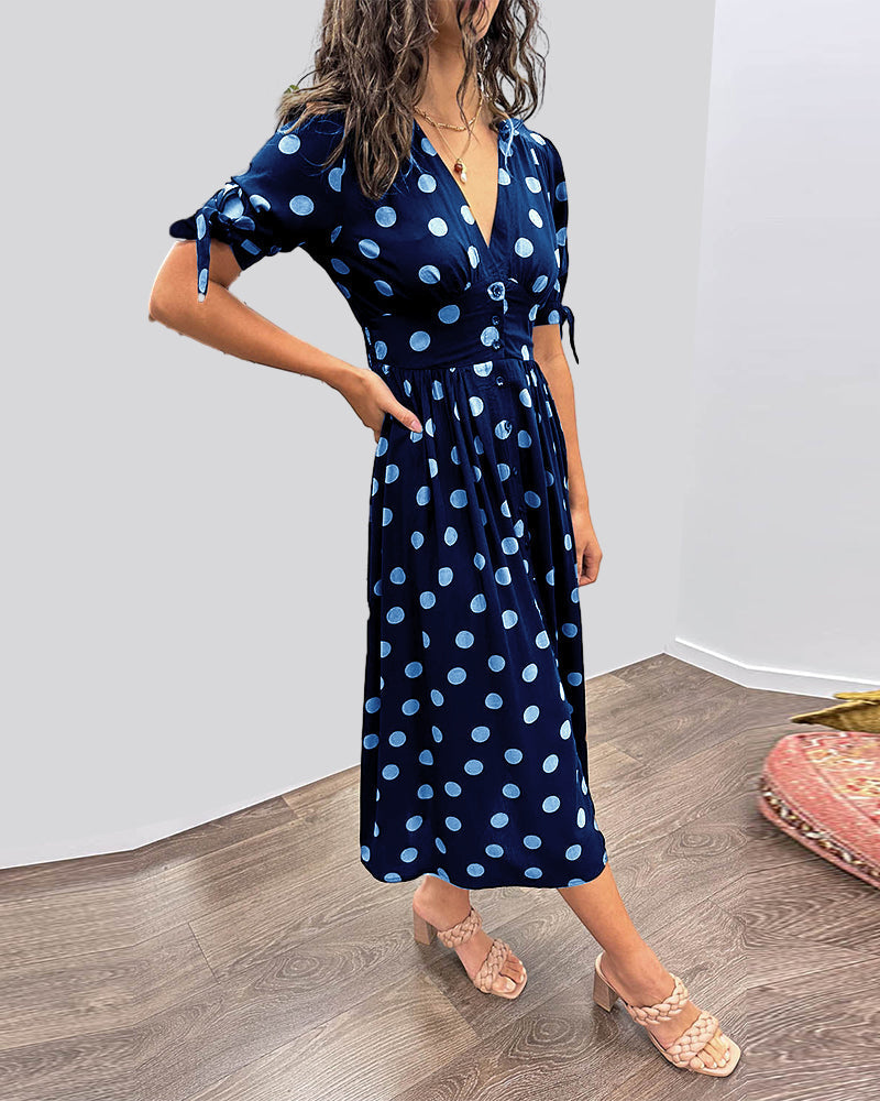 ZADIYA™ | V-NECK POLKA DOT MIDI DRESS