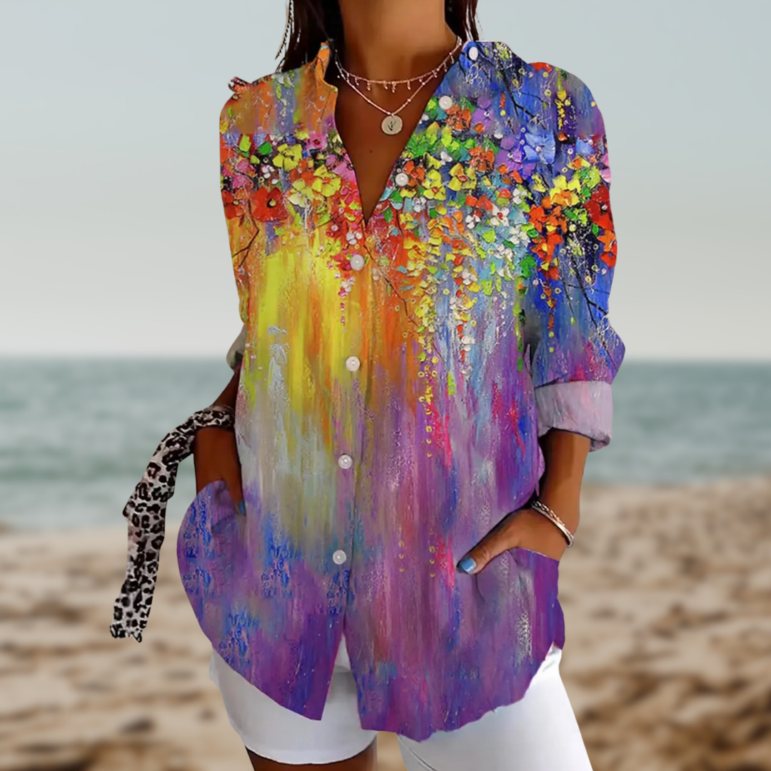 ZADIYA™ | FLORAL GRAPHIC BLOUSE WITH LAPEL COLLAR