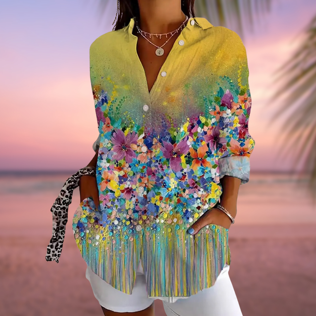 ZADIYA™ | FLORAL GRAPHIC BLOUSE WITH LAPEL COLLAR