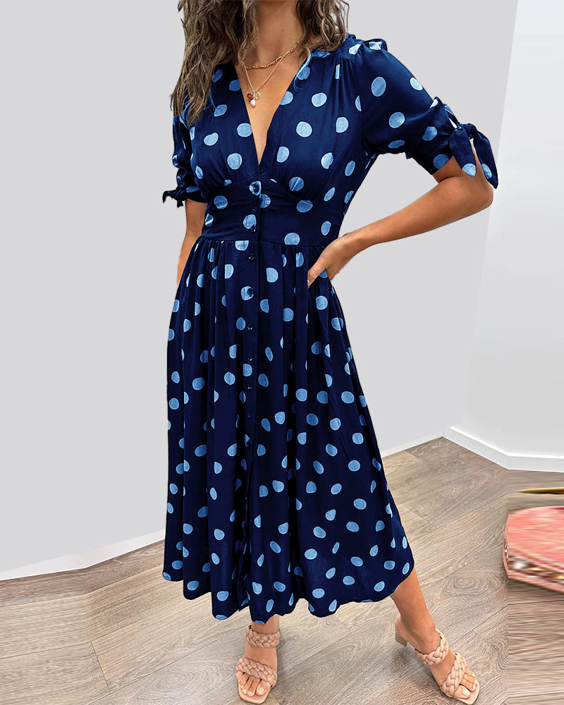 ZADIYA™ | V-NECK POLKA DOT MIDI DRESS