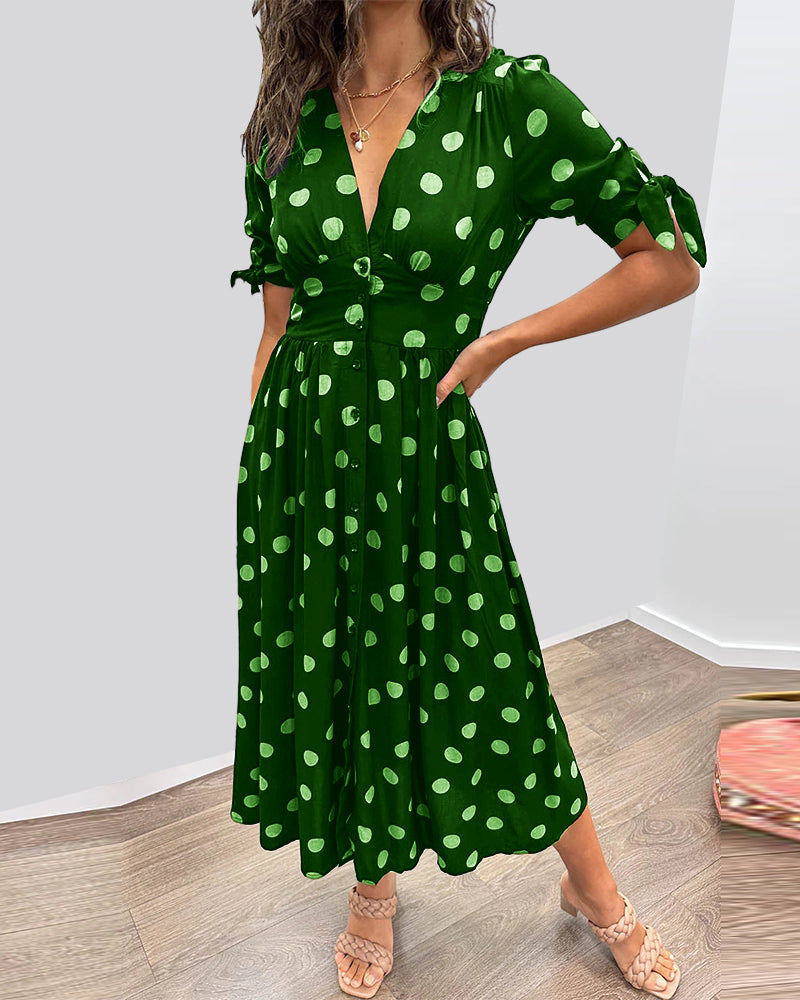 ZADIYA™ | V-NECK POLKA DOT MIDI DRESS
