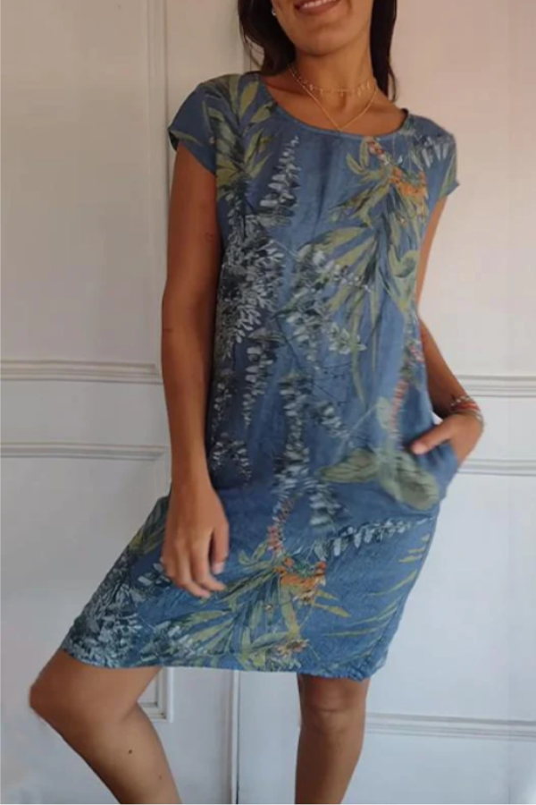 ZADIYA™ | BOTANICAL PRINT ROUND NECK DRESS