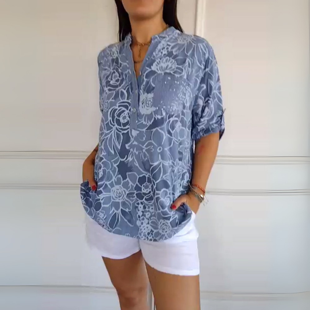 ZADIYA™ | PRINTED BLOUSE WITH V-NECK & BUTTON FRONT