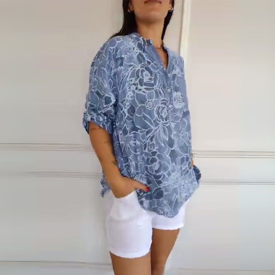 ZADIYA™ | PRINTED BLOUSE WITH V-NECK & BUTTON FRONT