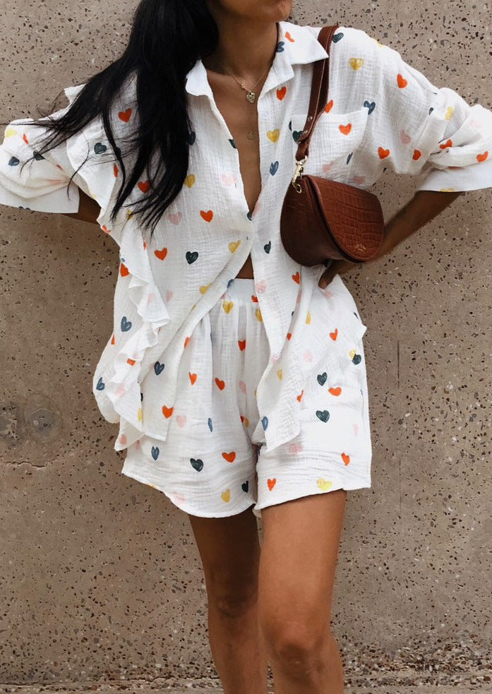ZADIYA™ | HEART PRINT SHIRT & SHORTS TWO-PIECE SET