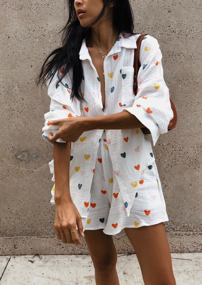 ZADIYA™ | HEART PRINT SHIRT & SHORTS TWO-PIECE SET