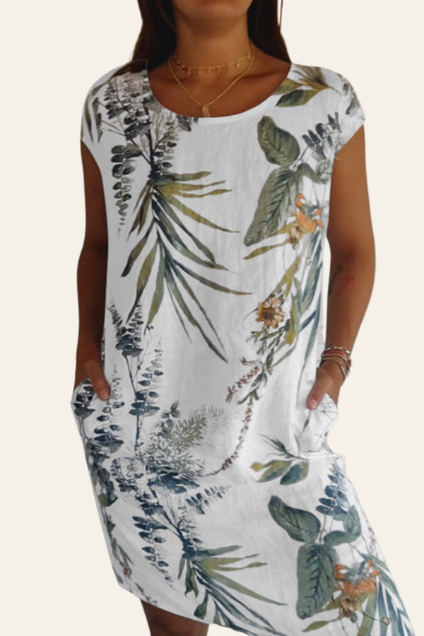 ZADIYA™ | BOTANICAL PRINT ROUND NECK DRESS