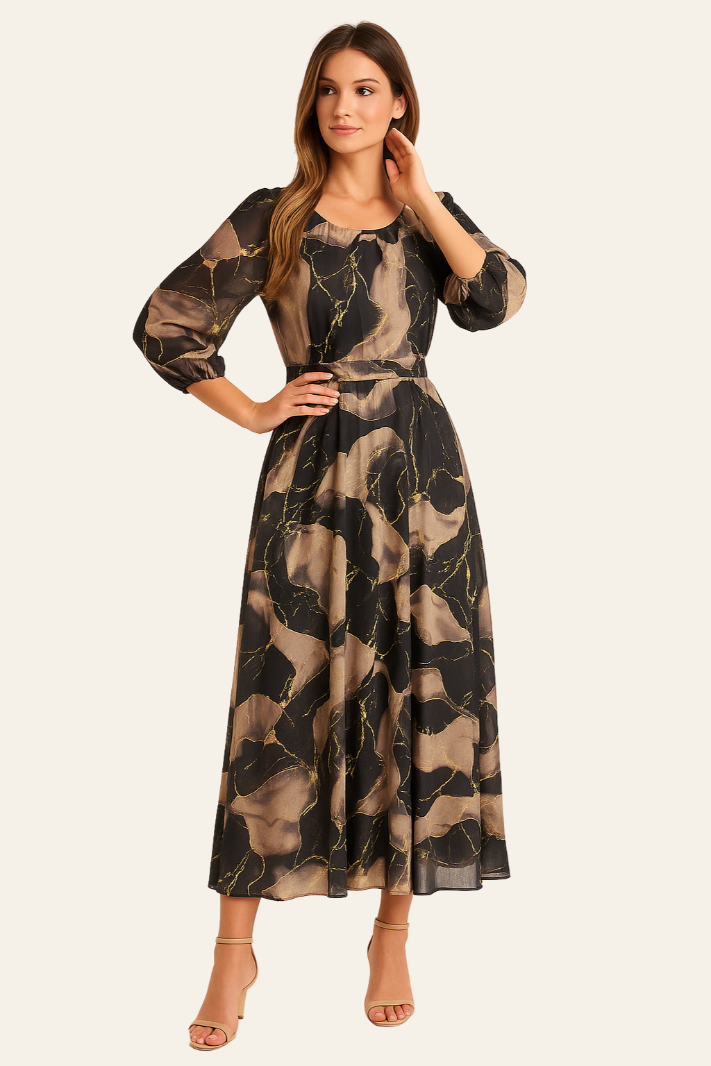 ZADIYA™ | PRINTED THREE-QUARTER SLEEVE DRESS