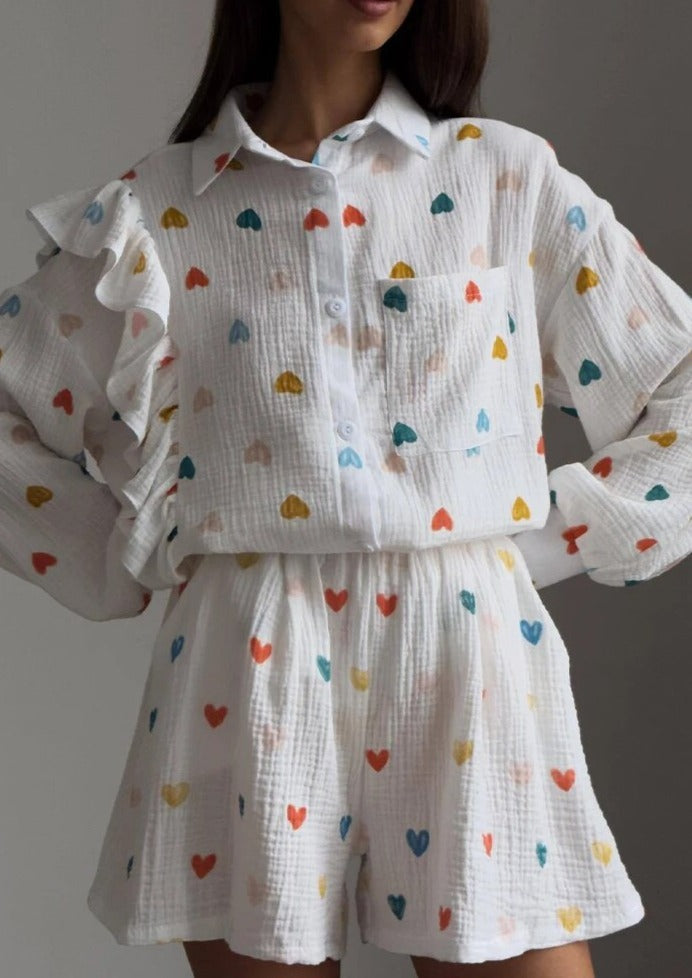 ZADIYA™ | HEART PRINT SHIRT & SHORTS TWO-PIECE SET