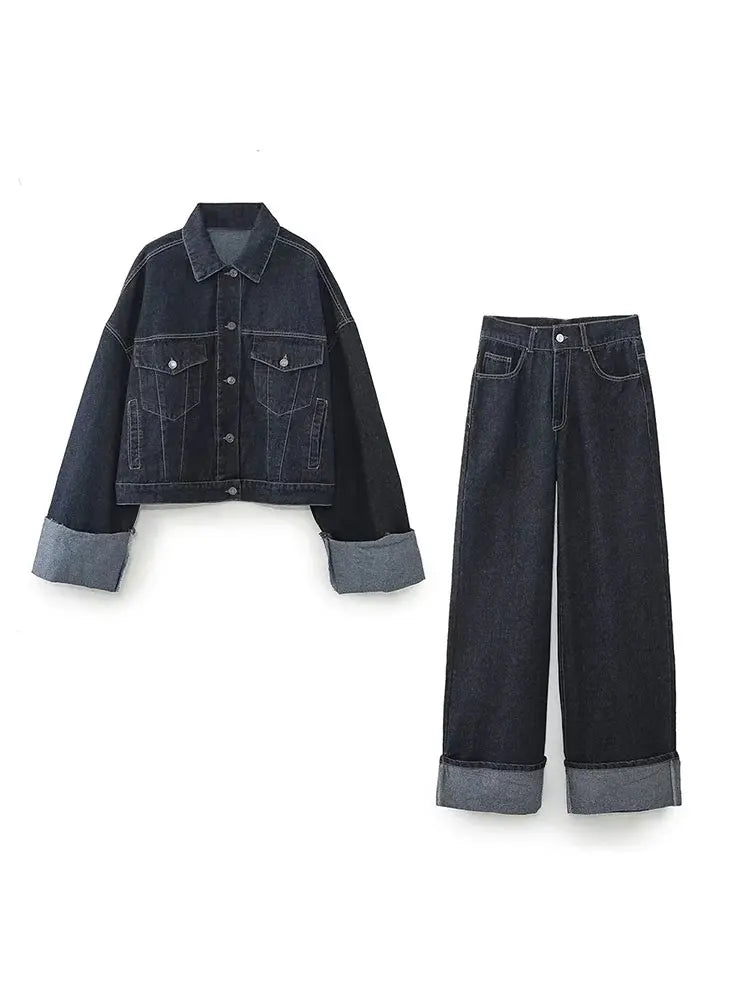 ZADIYA™ | COLLARED LONG SLEEVES DENIM TWO-PIECE SET