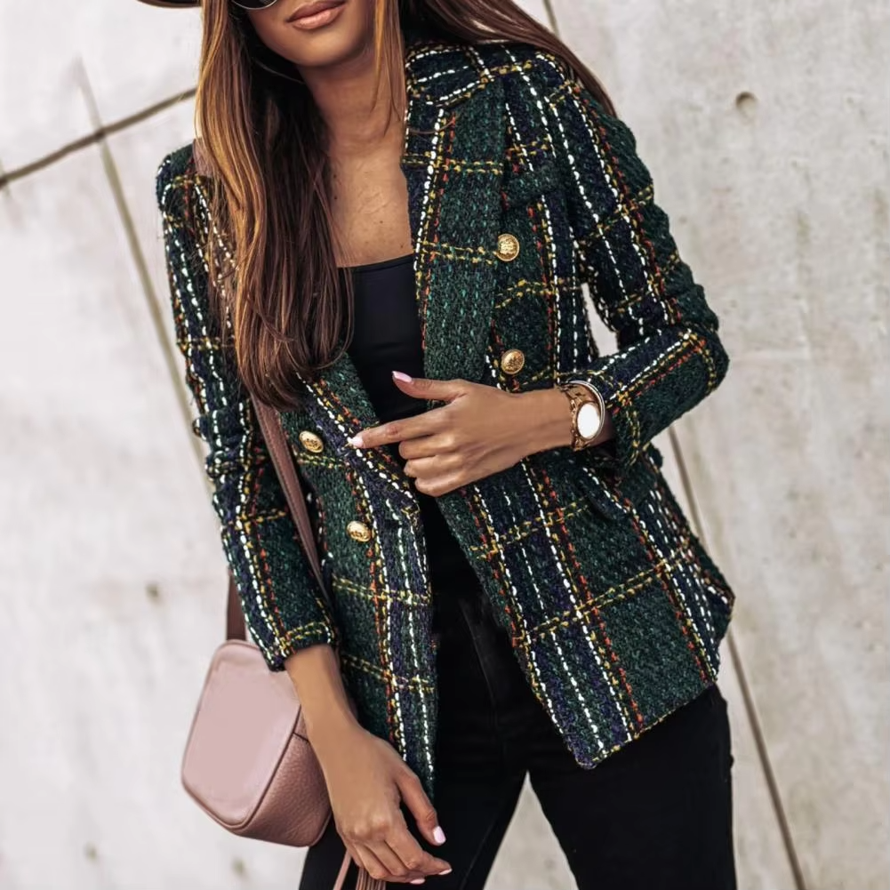 ZADIYA™ |  Modern Plaid Print Double Breasted Spring Blazer