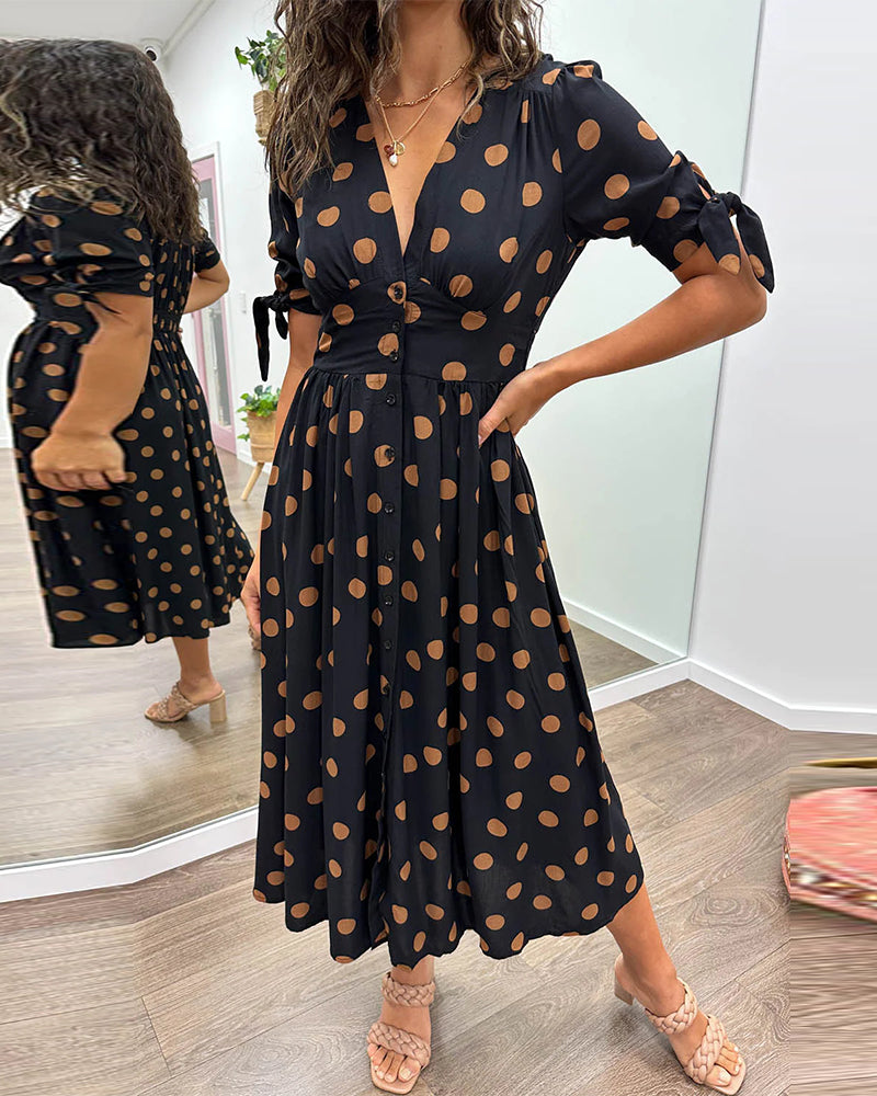 ZADIYA™ | V-NECK POLKA DOT MIDI DRESS